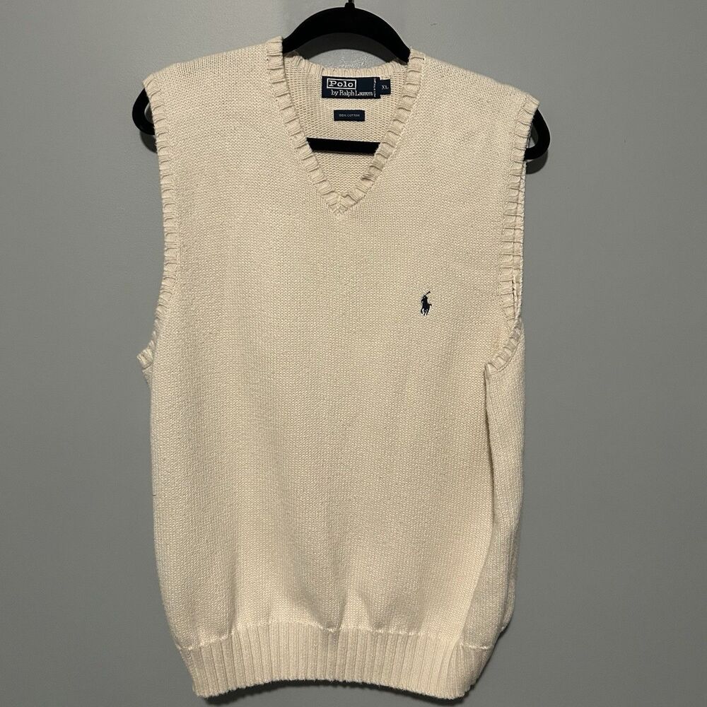 Ralph Lauren Polo Mens V Neck Sleeveless Pullover Sweater Size XL Solid Cream